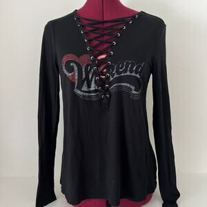 Vintage Express One Eleven Lace Up Shirt Print Weekend Fall Heart Grunge